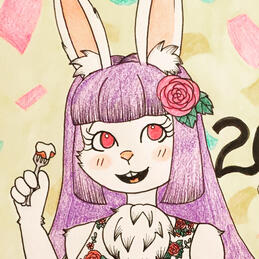 A bust shot of my fursona. She is a white rabbit with straight, light purple hair and pinkish-red eyes.