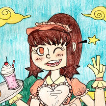 A bust shot of my DBZ OC, Egga, working her side job as a waitress at a burger joint.