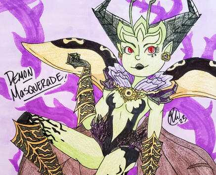 A drawing of my Bayonetta OC, Cassidinae, in her Demon Masquerade form when wielding the weapon of her Pact Demon, Lord Chrysomelidae.