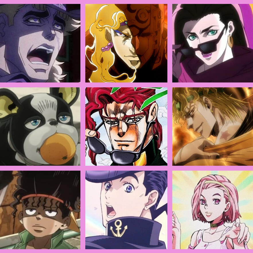 Characters from Jojo's Bizarre Adventure, parts 1-4, in a 3x3 grid pattern. From top left: Robert E.O. Speedwagon (P1), Kars (P2), Lisa Lisa (P2), Iggy (P3), Noriaki Kakyoin (P3), DIO (P1&3), Boingo (P3), Josuke Higashikata (P4), and Reimi Sugimoto (P4).