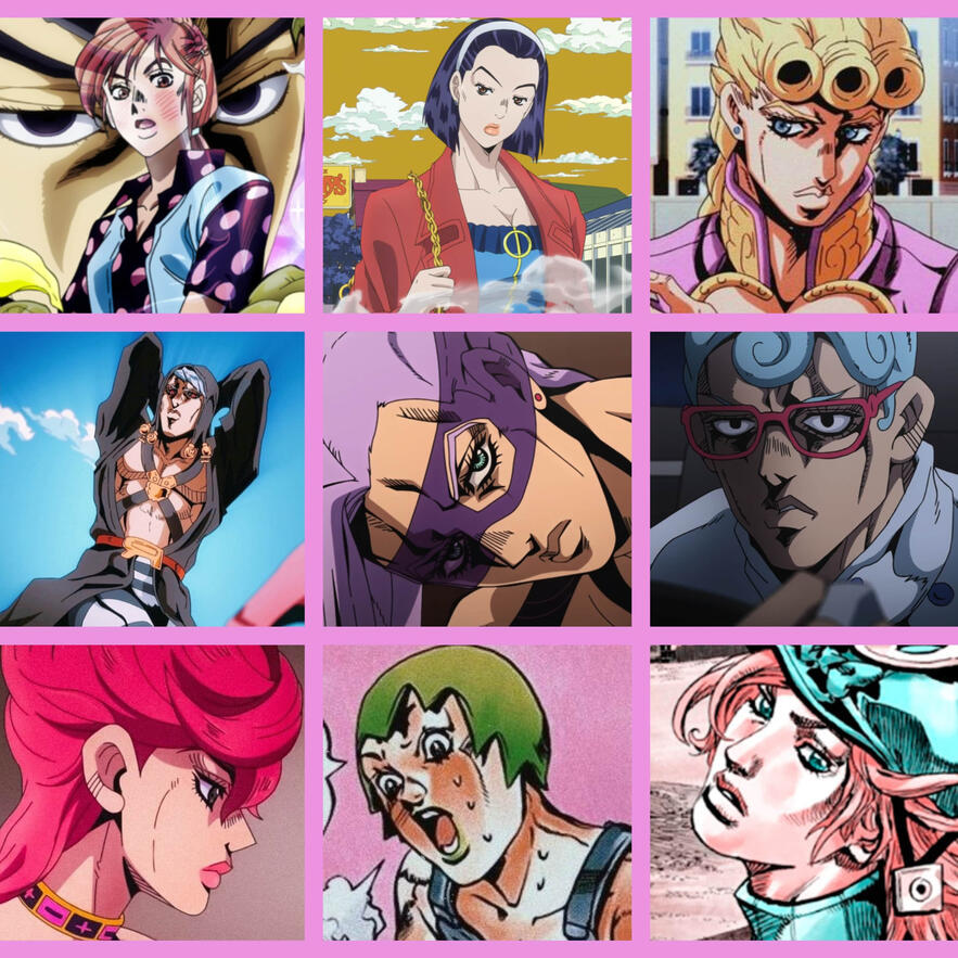 Characters from Jojo's Bizarre Adventure, Parts 4-7, in a 3x3 grid pattern. From top left: Shinobu Kawajiri (P4), Tomoko Higashikata (P4), Giorno Giovanna (P5), Risotto Nero (P5), Melone (P5), Ghiaccio (P5), Trish Una (P5), Foo Fighters (P6), and Diego Bra