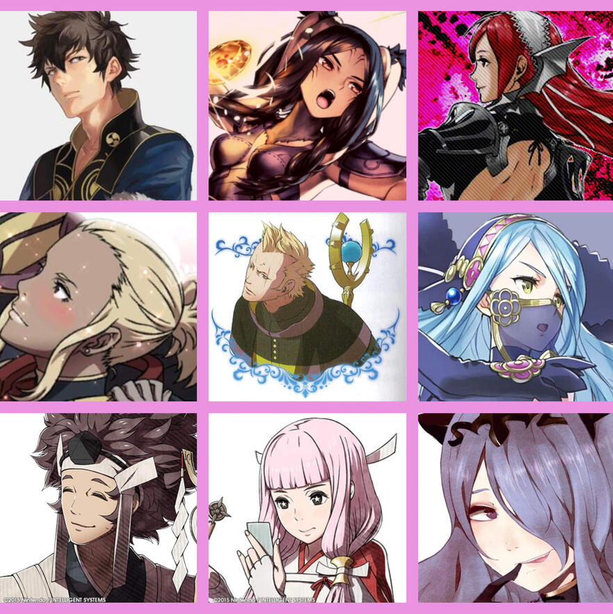 Portraits of characters from Fire Emblem Awakening and Fates, presented in a 3x3 grid pattern. From top left: Lon'qu, Panne, Cherche, Flavia, and Brady from Awakening; Azura, Azama, Mitama, and Camilla from Fates.