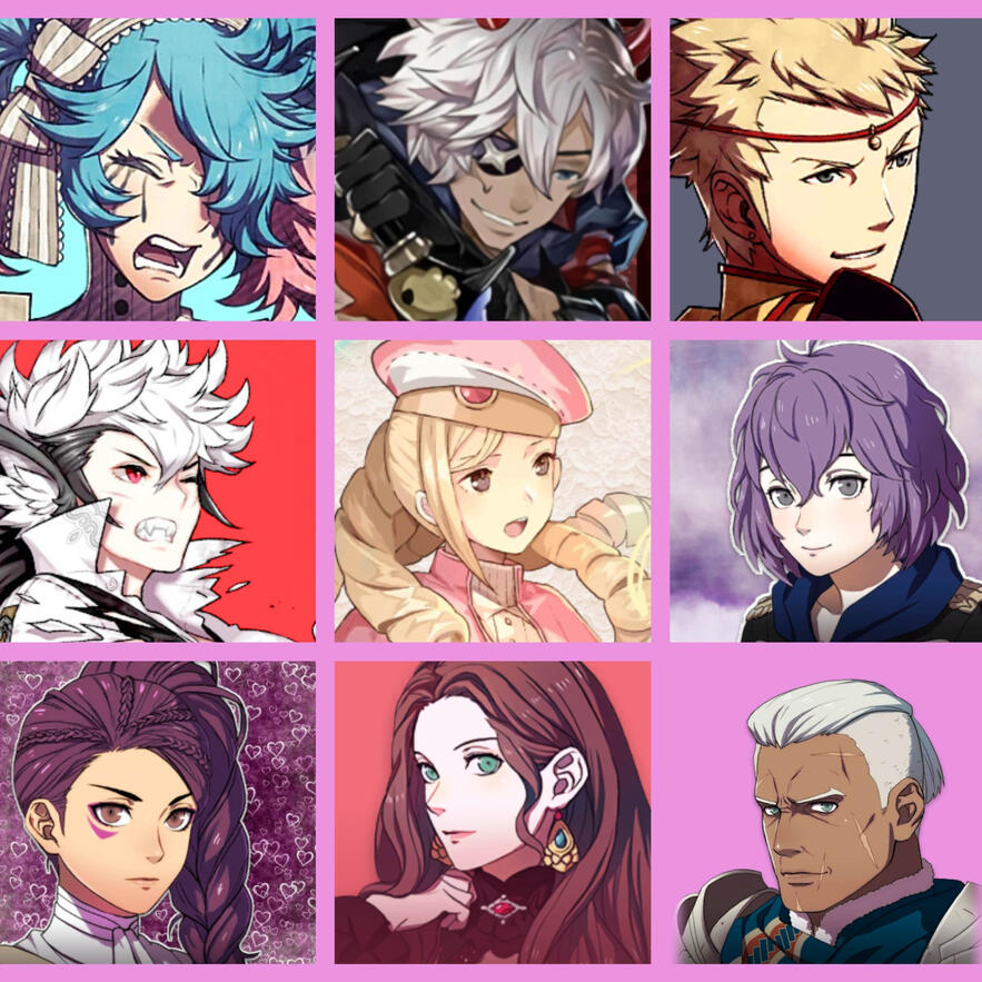 Fire emblem characters (Fates & Three Houses) presented in a 3x3 grid pattern. From top left: Peri, Niles, Odin, Keaton, & Forrest from Fates; Bernadetta von Varley, Petra Macneary, Dorothea Arnault, and Dedue Molinaro from 3H.