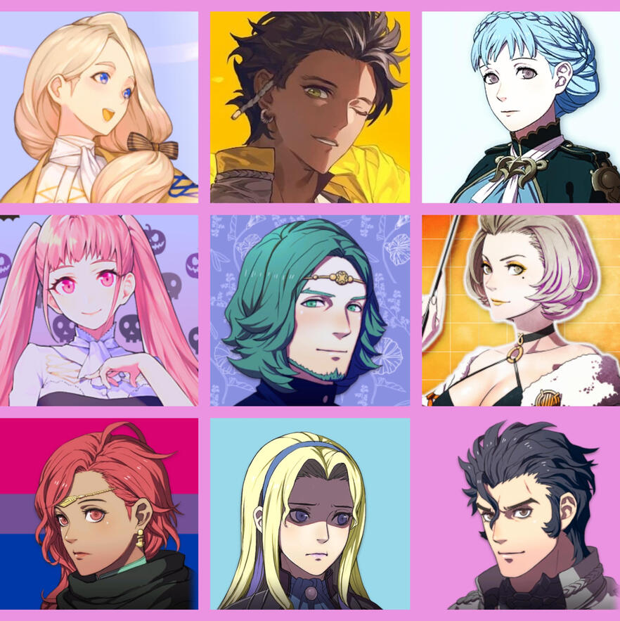 Images of Fire Emblem: Three Houses characters in a 3x3 grid. From top left: Mercedes von Martritz, Claude/Khalid von Riegan, Marianne von Edmond, Hilda Valentine Gonreil, Seteth, Manuela, Hapi, Constance von Nuvelle, and Balthus von Albrecht.