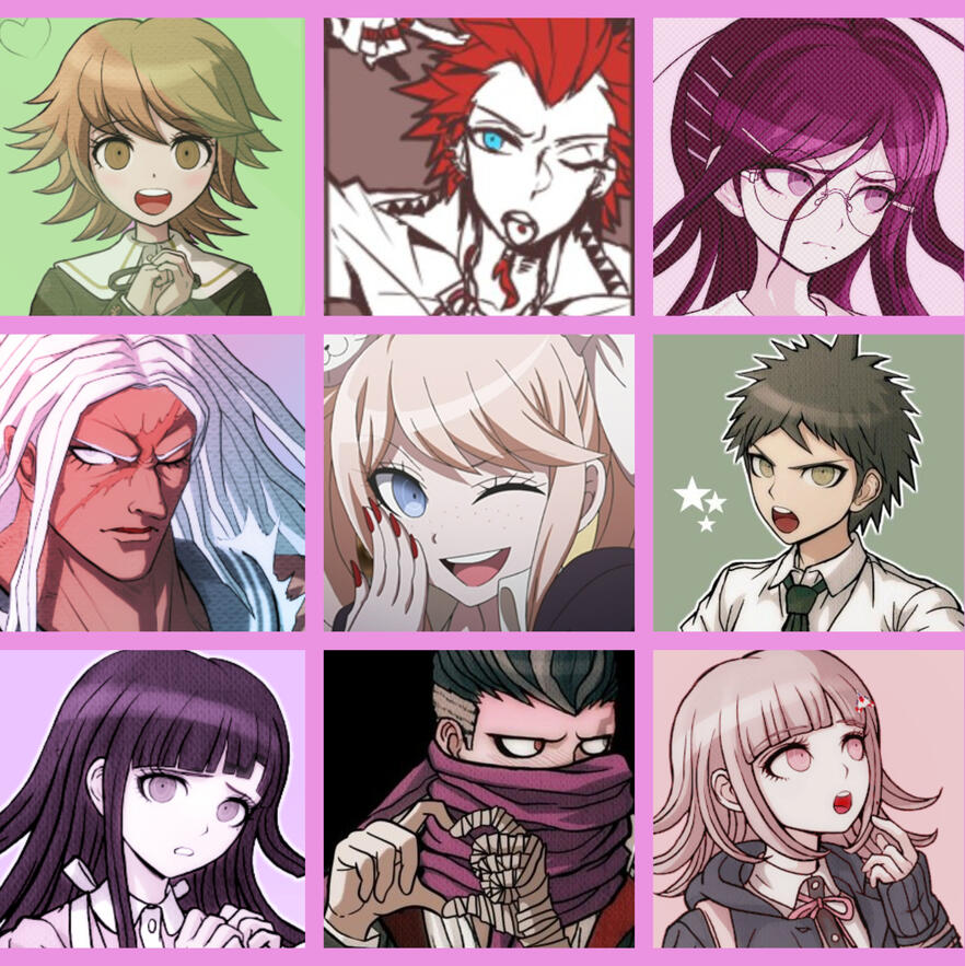 Images of Danganronpa characters in a 3x3 grid. Beginning from top left: Chihiro Fujisaki, Leon Kuwata, Toko Fukawa, Sakura Oogami, Junko Enoshima, Hajime Hinata, Mikan Tsumiki, Gundam Tanaka, and Chiaki Nanami.