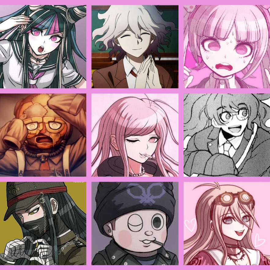Danganronpa characters in a 3x3 grid. Beginning from top left: Ibuki Mioda, Nagito Komaeda, Kotoko Utsugi, Jataro Kemuri, Hiroko Hagakure, Gonta Gokuhara, Korekiyo Shinguuji, Ryoma Hoshi, and Miu Iruma.